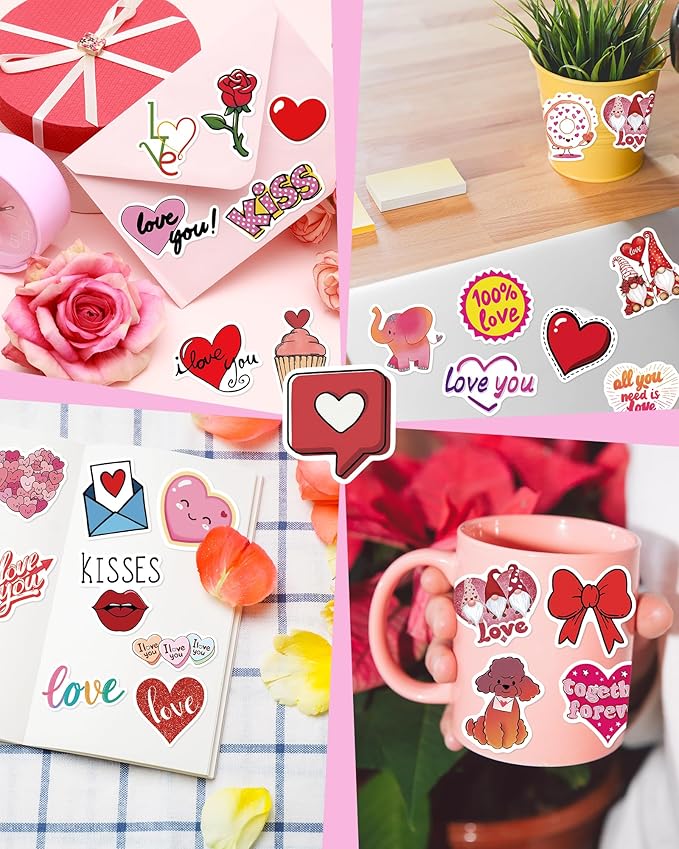 Valentines Day Stickers, Heart Stickers for Water Bottles Cards Gift Boxes Party Favors, Valentines Gifts for Kids Classroom, Waterproof Vinyl Love Sticker for Kids Teens Girls