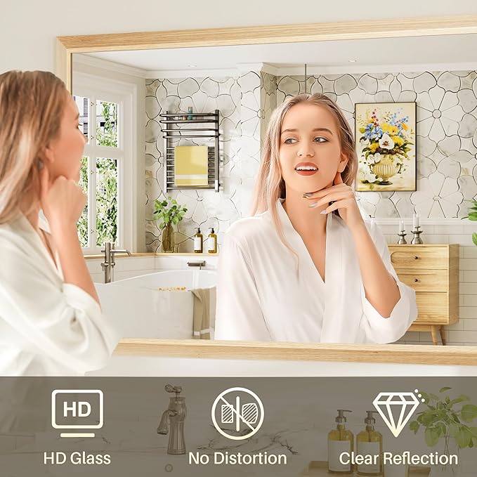 40x38 Inch Bathroom Mirror for Wall, Anti-Rust Oak Wood Grain Metal Framed - Image 6