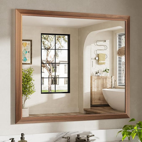 40x36 Inch Bathroom Mirror for Wall, Anti-Rust Walnut Wood Grain Metal Framed by Briivuemodernmirrors