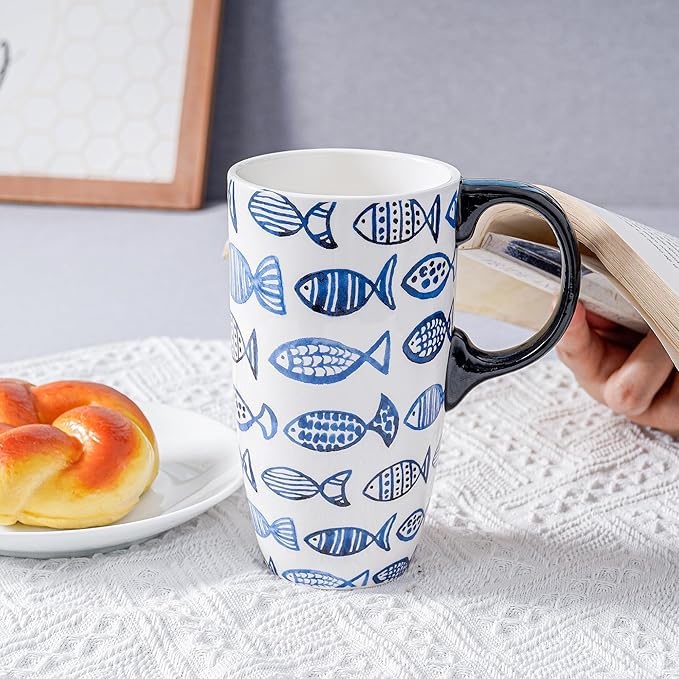 DUSVALLY Ceramic Mug Tall Coffee Cup with Lid, Porcelain Latte Tea Cup with Handle for Latte, Cappuccino and Cocoa, Dorm, Room and Office Coffee Cups, 17 oz, Fish