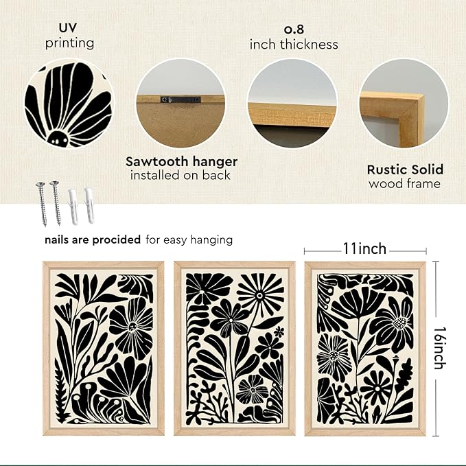 YWJKWLGS Abstract Floral Wall Art Set of 3, 11x16 Inch Black Boho Flower Prints - Image 2