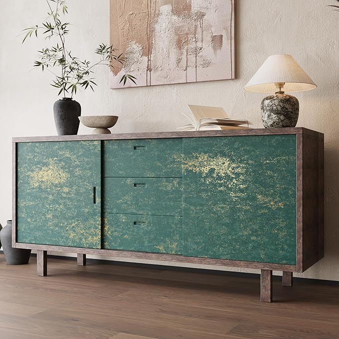 VEELIKE Distressed Teal Gold Metallic Wallpaper Peel and Stick Industrial Green - Image 7