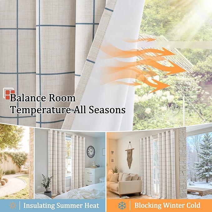 Lajode Navy Blue Plaid Linen Blackout Curtains - Image 7