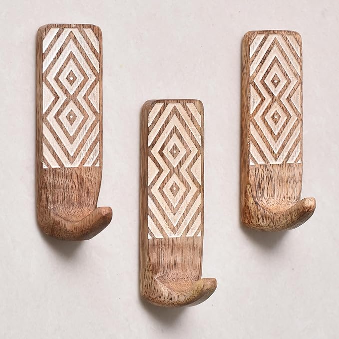 IndianShelf 10 LB- 6 Pieces Decorative Wood Adhesive Wall Hooks–Boho Peel and by IndianShelf