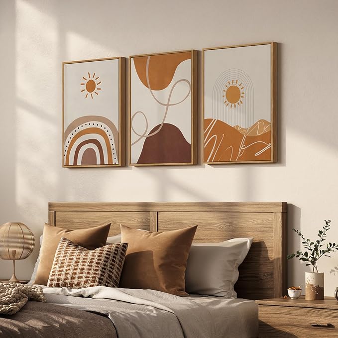 Framed Neutral Abstract Boho Wall Art Bedroom, 3 Piece Terracotta Beige - Image 2