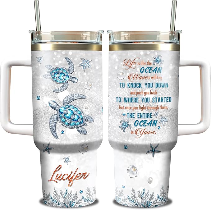 WAZONE Personalized Sea Turtle Tumbler 40oz with Handle and Straw Custom Name Jewelry Style Life Is Like The Ocean Novelty Insulated Cup Stainless Steel Gifts for Women Animal Turtles Lovers