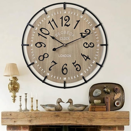 24 Inch Large Farmhouse Wall Clock, Metal Rustic Wood by Unknown