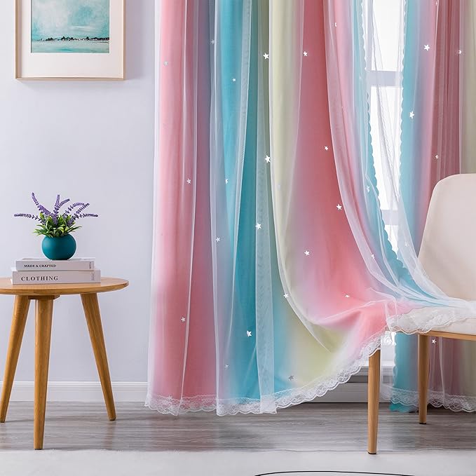 XiDi Curtains for Bedroom Decor, Rainbow Pink-Blue-34-45 - Image 4