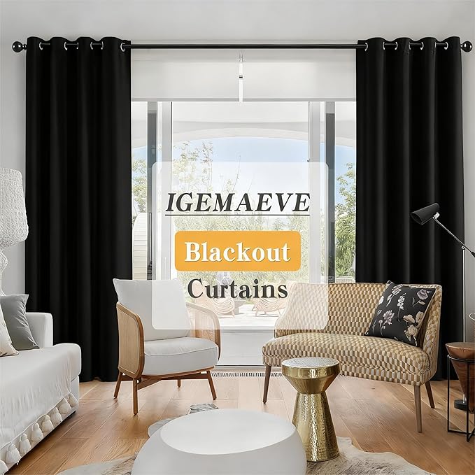 IGEMAEVE Black Blackout Curtains 108 Inch Length 2 Panels Set, Grommet Energy - Image 2