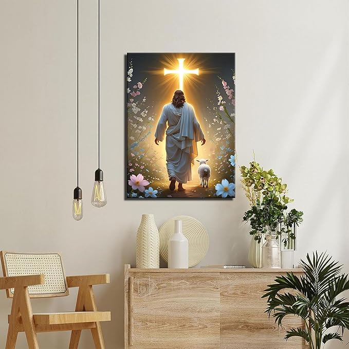 Jesus and Lamb Canvas Wall Art Christian Cross Jesus Walking Toward Light Wall - Image 6