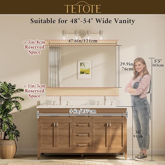 TETOTE 48 x 30 Inch Bathroom Mirror, Brushed Gold Metal Framed Wall Mounted - Image 8