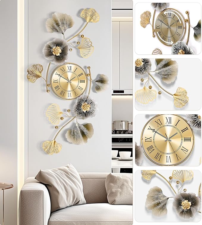 Wall Clocks for Living Room Decor, Large Wall Clock, 3D Creative Metal Ginkgo - Image 4