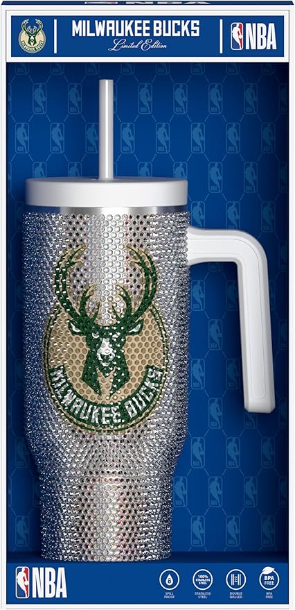 Hydrapeak x NBA Officially Licensed Milwaukee Bucks Voyager 40 oz Stainless Steel Bling Tumbler with Handle, Insulated Rhinestone Water Bottle With Straw & Lid, Includes Gift Box