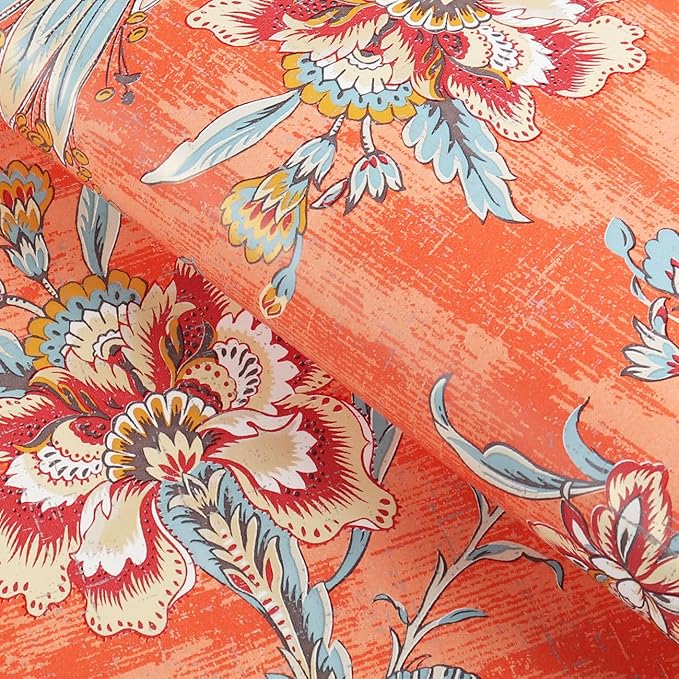 FunStick 17.5"x118" Vintage Floral Peel and Stick Wallpaper Orange Red Wall - Image 6