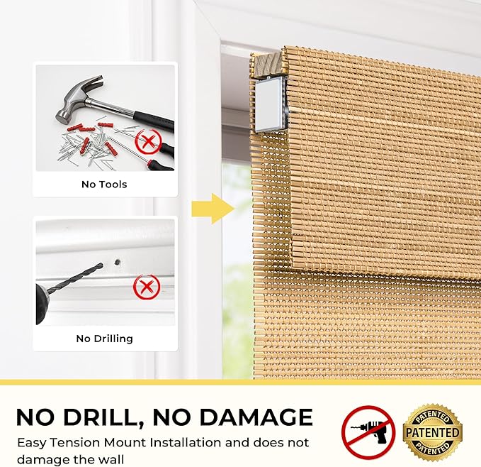 UNISHADES No Drill Cordless Bamboo Roman Shades, Light Filtering Woven Natural - Image 2