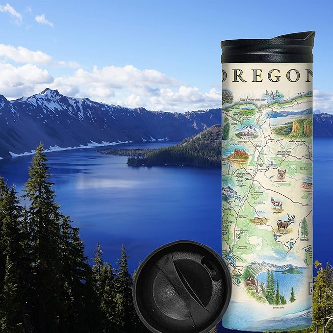 Xplorer Maps Oregon Map 16 Oz Travel Drinkware with Spill-Resistant Lid - Stainless Steel Vacuum Insulated Coffee Tumbler