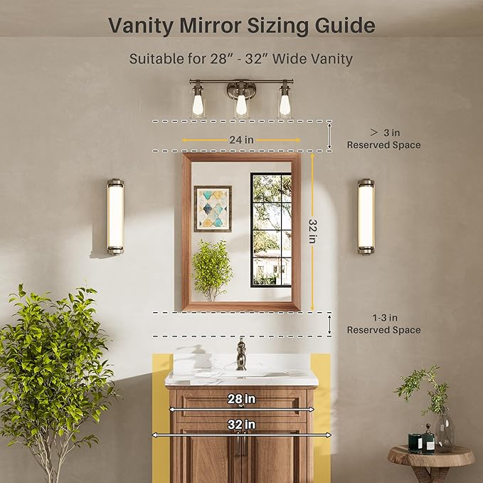 24x32 Inch Bathroom Mirror for Wall, Anti-Rust Walnut Wood Grain Metal Framed - Image 2