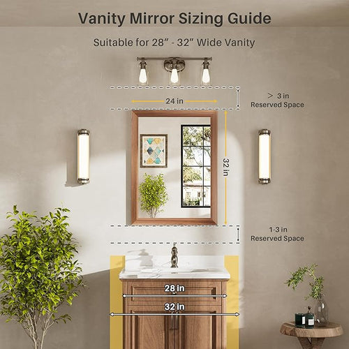 24x32 Inch Bathroom Mirror for Wall, Anti-Rust Walnut Wood Grain Metal Framed - Image 2