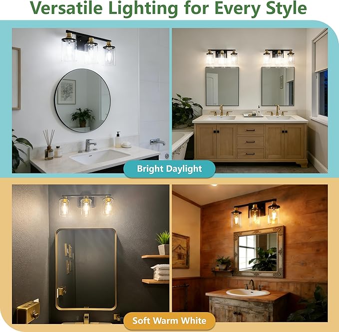 DORESshop Bathroom Light Fixtures, 3-Light Black and Gold Bathroom Lights Over - Image 9