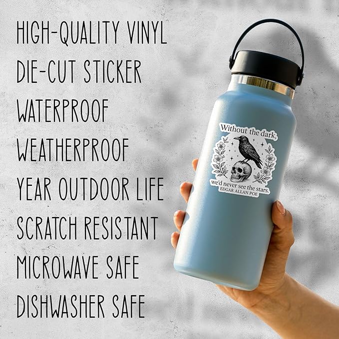 Without The Dark Wed Never See The Star Sticker Gothic Raven Dark Academia Skull Literature Waterproof Die-Cut Vinyl Stickers for Water Bottle, Tumbler, Hard Hat, Phone, Cute Gifts for Her Him