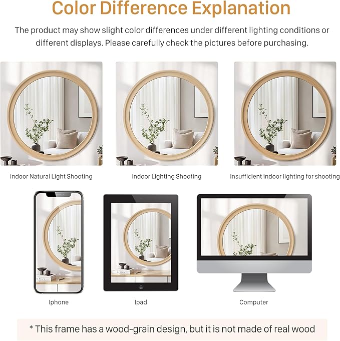 CULER Round Wall Mirrors 24 Inch, Natural Rustic Decorative Transitional Mirror - Image 6