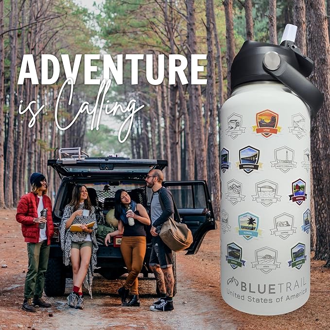 BlueTrail 50 States Water Bottle with Stickers - 32 oz Insulated Stainless Steel, Upgraded Leak-Proof Lid, UV & Waterproof Permanent Stickers, Laser Engraved 50 States of the USA (Copper Glow)