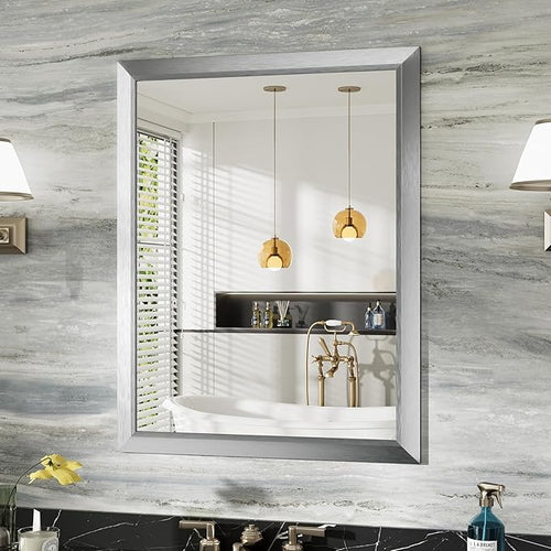 28x36 Inch Brushed Silver Bathroom Mirror by Briivuemodernmirrors