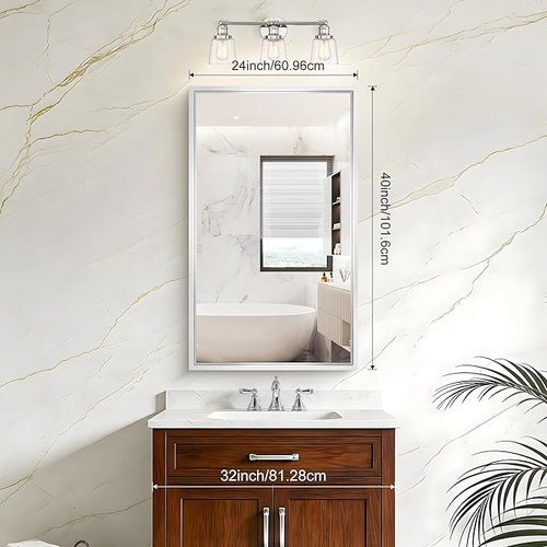 40x24 Silver Bathroom Mirror, Brushed Silver Rectangular Mirror - Image 2