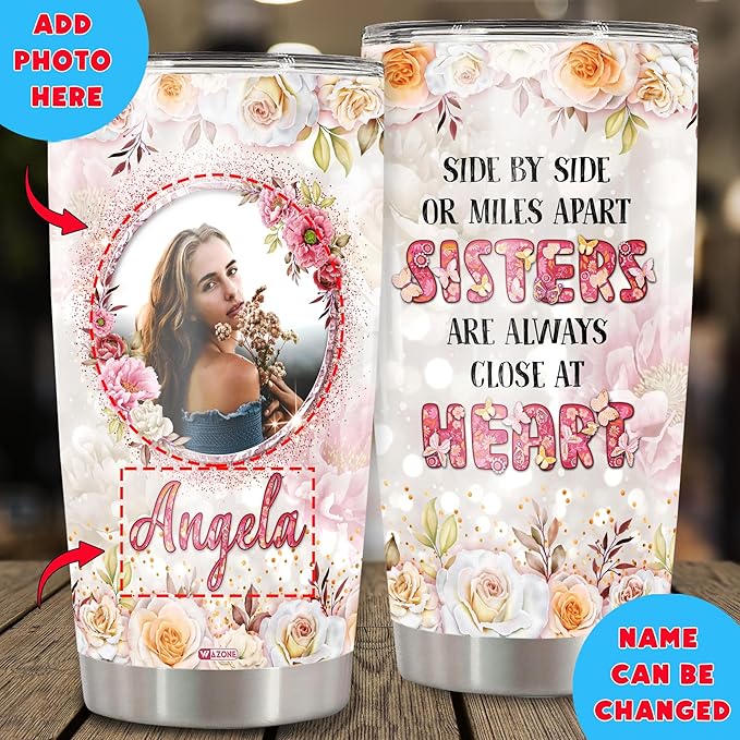 WAZONE Personalized Always My Sister Forever My Friend Stainless Steel Tumbler 20oz 30oz Custom Name Flower Floral Insulated Cup Travel Mug Birthday Gift Ideas For Sisters Sisterhood