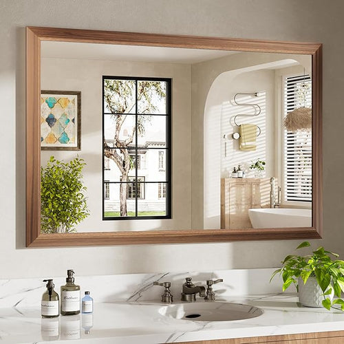 48x32 Inch Bathroom Mirror for Wall, Anti-Rust Walnut Wood Grain Metal Framed by Briivuemodernmirrors