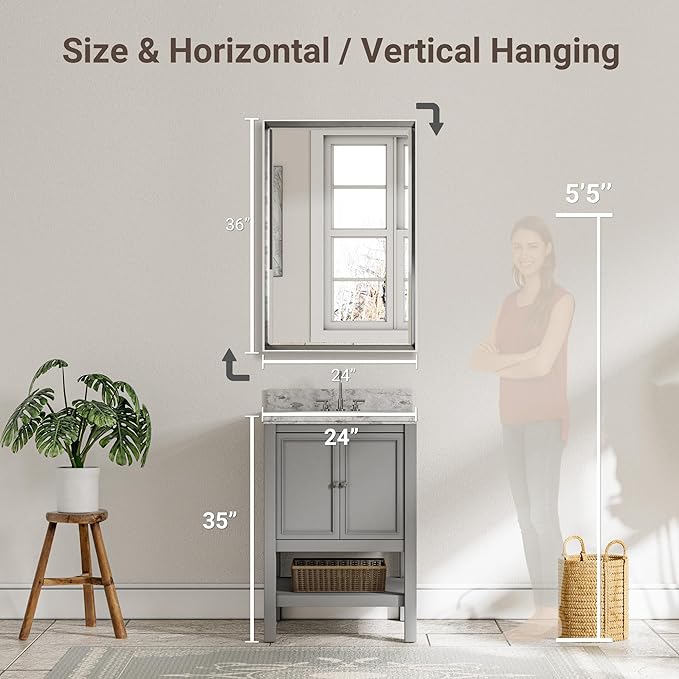 Silver Bathroom Mirror, 24x36 Inch Beveled Vanity Mirror - Image 2