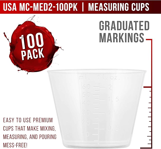 Pouring Masters 2 Oz (60 ml) Liquid Measuring Cups - Plastic Graduated Cup (100 Pack) with 25 Sticks - Reusable Mixing Cups for Paint, Craft, Kitchen, Lab, Medical Supplies, Epoxy Resin, Art