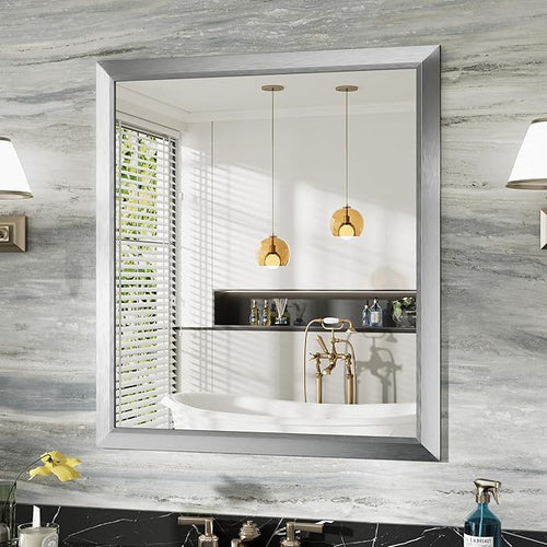 36x32 Inch Brushed Silver Bathroom Mirror by Briivuemodernmirrors
