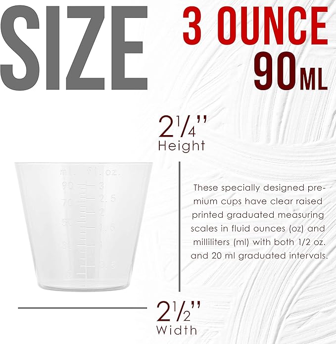 Pouring Masters 3 Oz (90 ml) Liquid Measuring Cups - Plastic Graduated Cup (100 Pack) with 25 Sticks - Reusable Mixing Cups for Paint, Craft, Kitchen, Lab, Medical Supplies, Epoxy Resin, Art