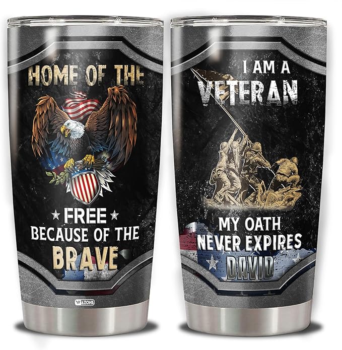 WAZONE Personalized Military Tumbler Custom Name 20 30oz I Am A Veteran My Oath Never Expires Bald Eagle Patriotic Themed Gift For Veterans Army Men Inspiration Insulated Cup Fourth Of July