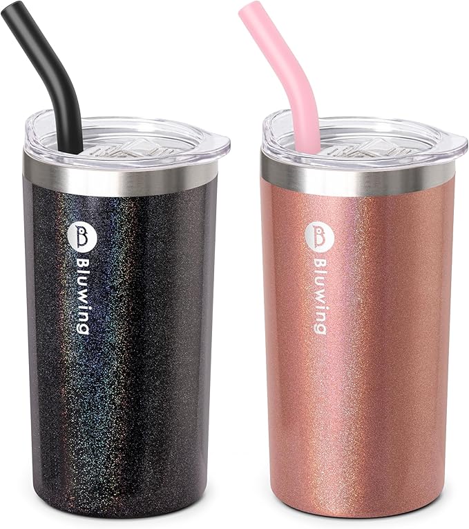 12 oz Water Tumbler with Straw Double Wall Insulated Coffee Tumbler with Leak Proof Lid, Sweat-Free (Glitter Black/Glitter RoseGold)