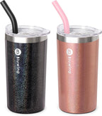 12 oz Water Tumbler with Straw Double Wall Insulated Coffee Tumbler with Leak Proof Lid, Sweat-Free (Glitter Black/Glitter RoseGold)