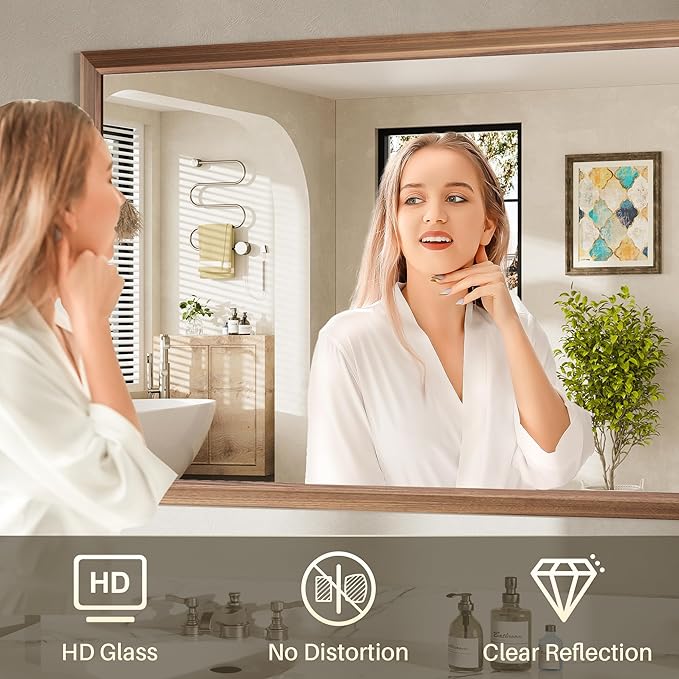 40x32 Inch Bathroom Mirror for Wall, Anti-Rust Walnut Wood Grain Metal Framed - Image 6