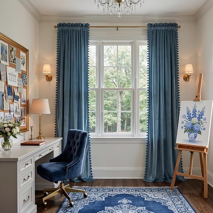 NICETOWN Slate Blue Velvet Curtains 84 Inch Length – Pom Pom Room Darkening - Image 3