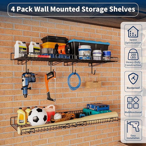 4 Pack Garage Wall Shelf, Wall Mounted Storage Shelves, Heavy Duty Metal Shelves - Image 2