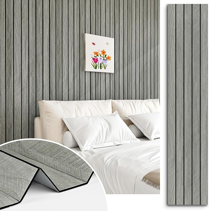 Grey Wood Wall Slat Panels Peel and Stick 3D Fluted Wood Panels by STICKEEP