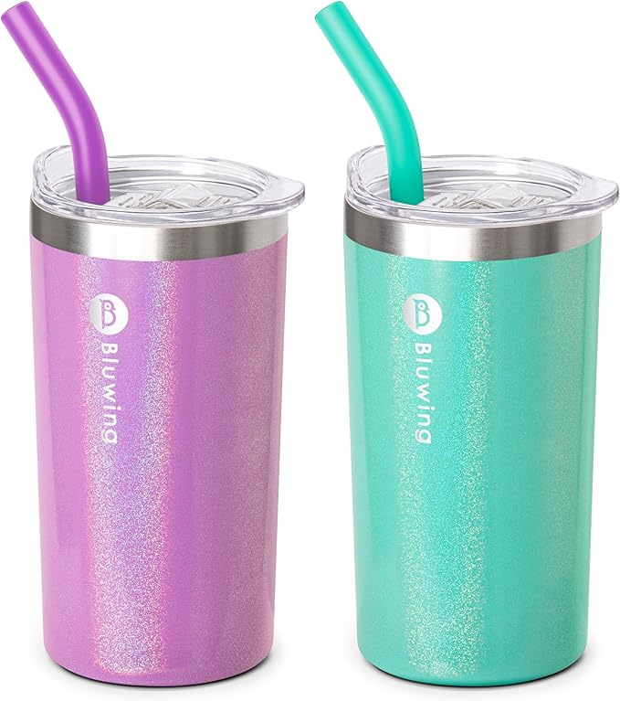 12 oz Double Wall Insulated Skinny Tumbler with Straw- Stainless Steel Coffee Tumbler Water Cup, Spill Proof, BPA Free (Glitter Purple/Glitter Teal)