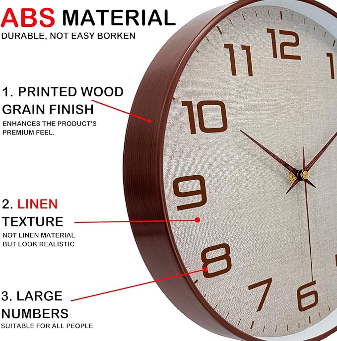 Woodgrain Wall Clock, Silent Non-Ticking Battery Operated Clock 10 Inch - Image 6