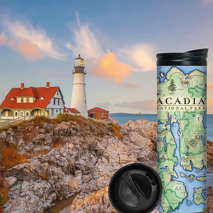 Xplorer Maps Acadia National Park Map 16 Oz Travel Drinkware with Spill-Resistant Lid - Stainless Steel Vacuum Insulated Coffee Tumbler