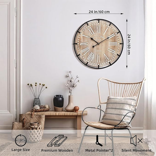 24 Inch Large Farmhouse Wall Clock, Rustic Wooden Wall Clock Decorative - Image 2
