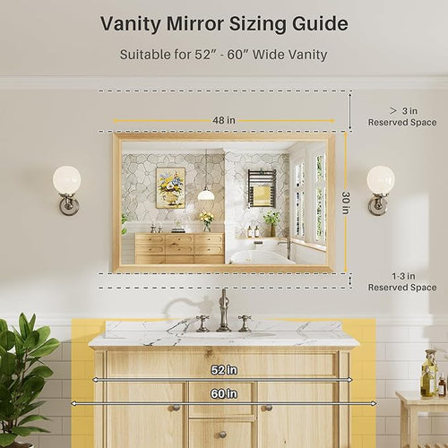 48x30 Inch Bathroom Mirror for Wall, Anti-Rust Oak Wood Grain Metal Framed - Image 2