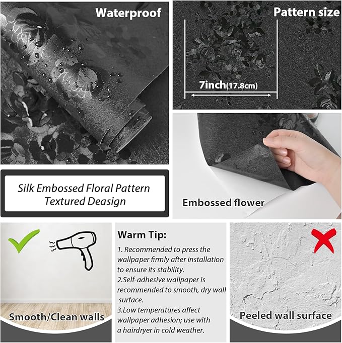 Black Peel and Stick Wallpaper 118inL 17.7inW Black Silk Embossed Floral - Image 3