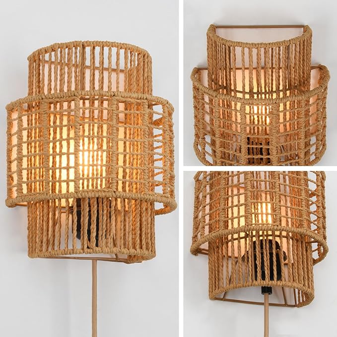 Plug-in Boho Wall Sconces Set of 2, Handwoven Rattan Wall Lights - Image 4