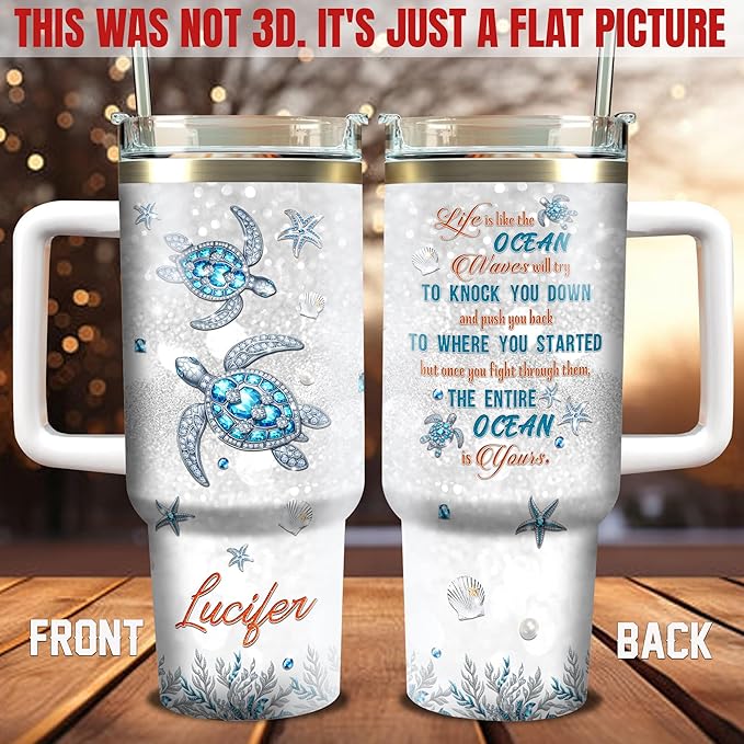 WAZONE Personalized Sea Turtle Tumbler 40oz with Handle and Straw Custom Name Jewelry Style Life Is Like The Ocean Novelty Insulated Cup Stainless Steel Gifts for Women Animal Turtles Lovers