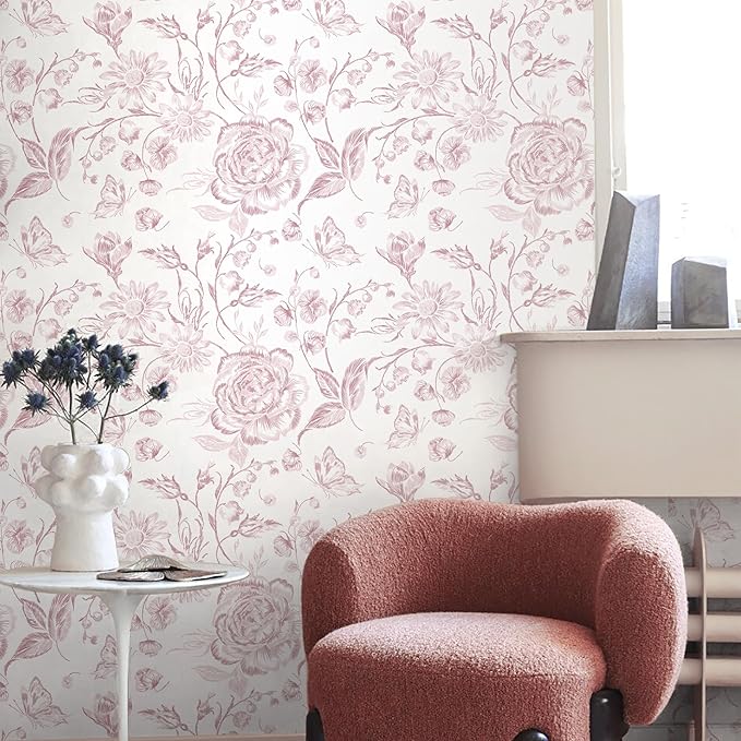 Yasinet Pink Floral Wallpaper Boho Peel and Stick Wallpaper Pink and White - Image 9